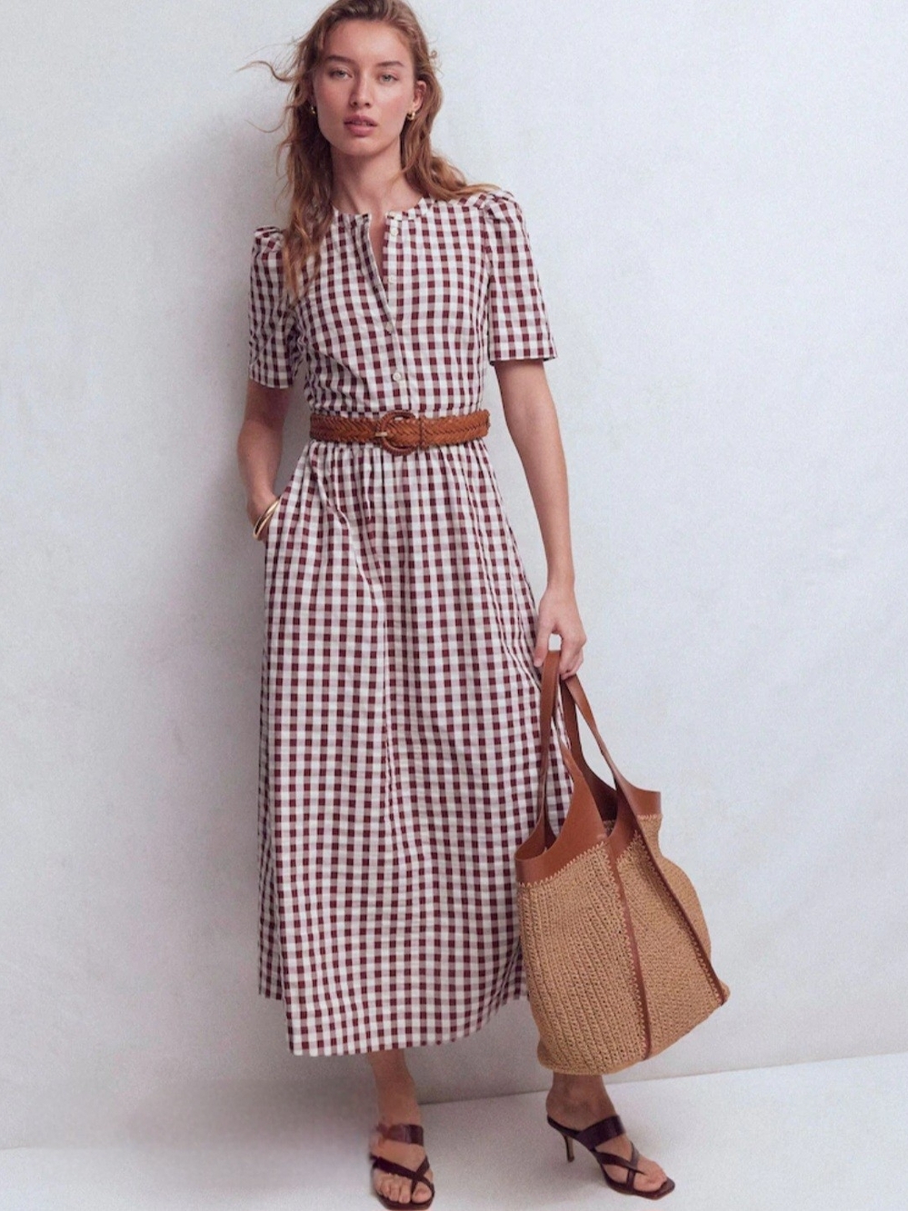Boden Ivy 22 Long Cream & Maroon Cotton Gingham Maxi Dress